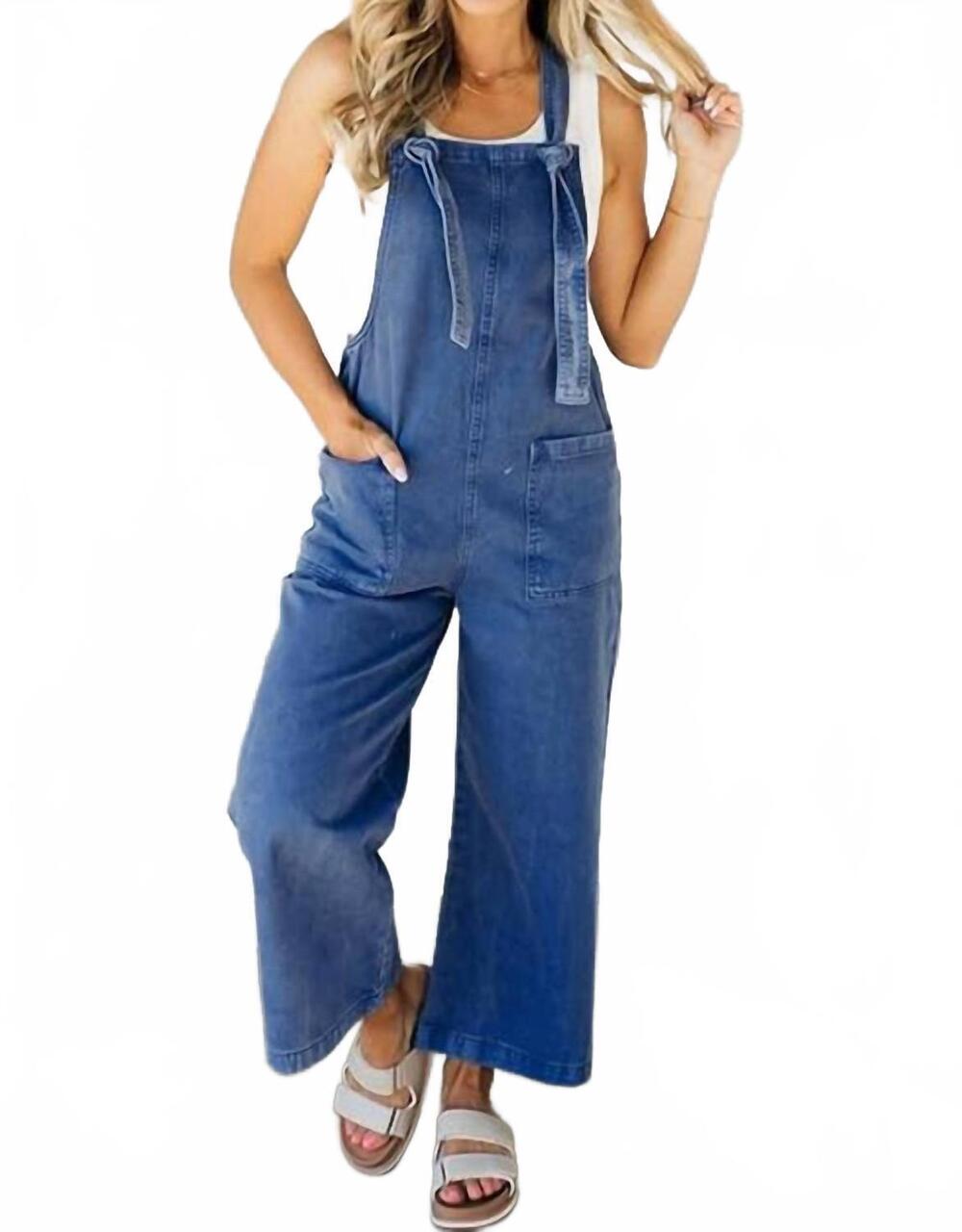 NEW T & C  APPAREL denim knot strap overalls in prussian blue